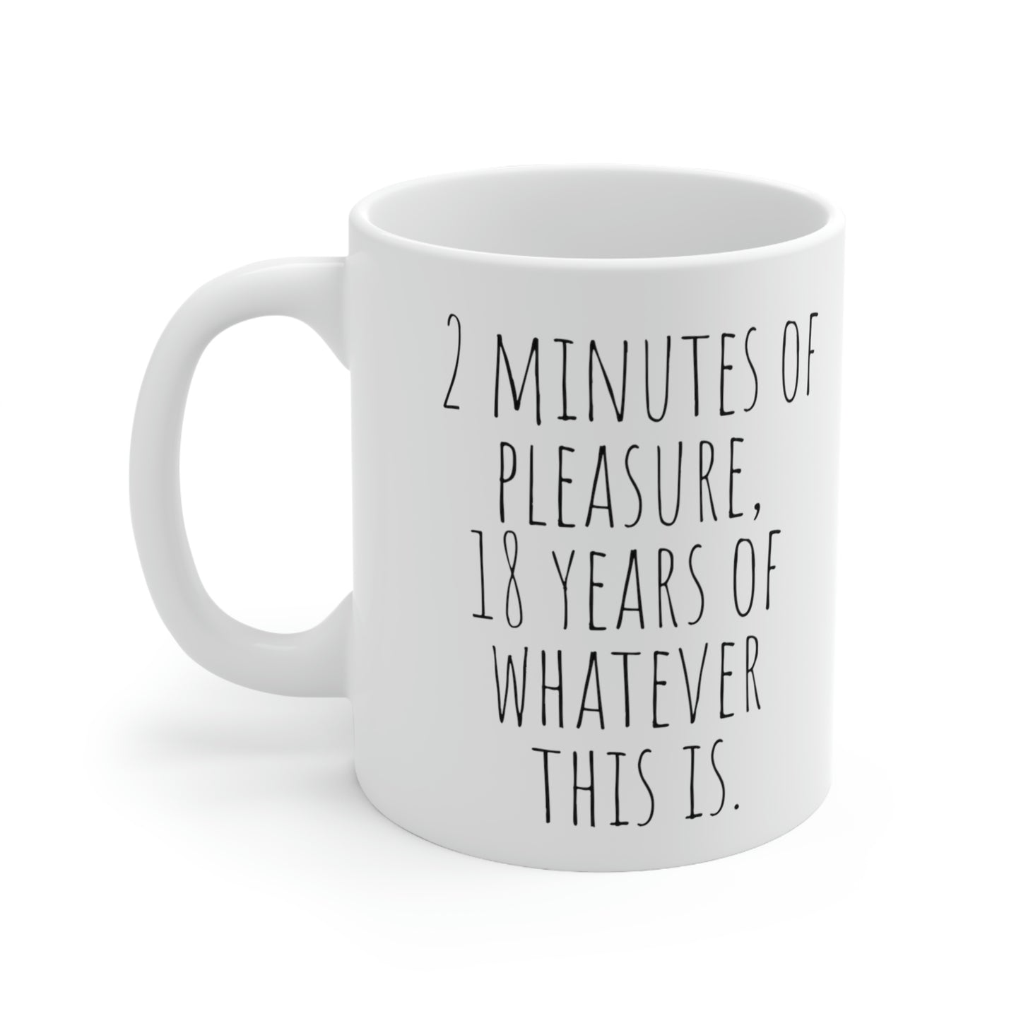 2 Minutes of Pleasure 18 Years of Whatever This Is — Funny Sarcastic Black and White Gift Mug, Mom Mug