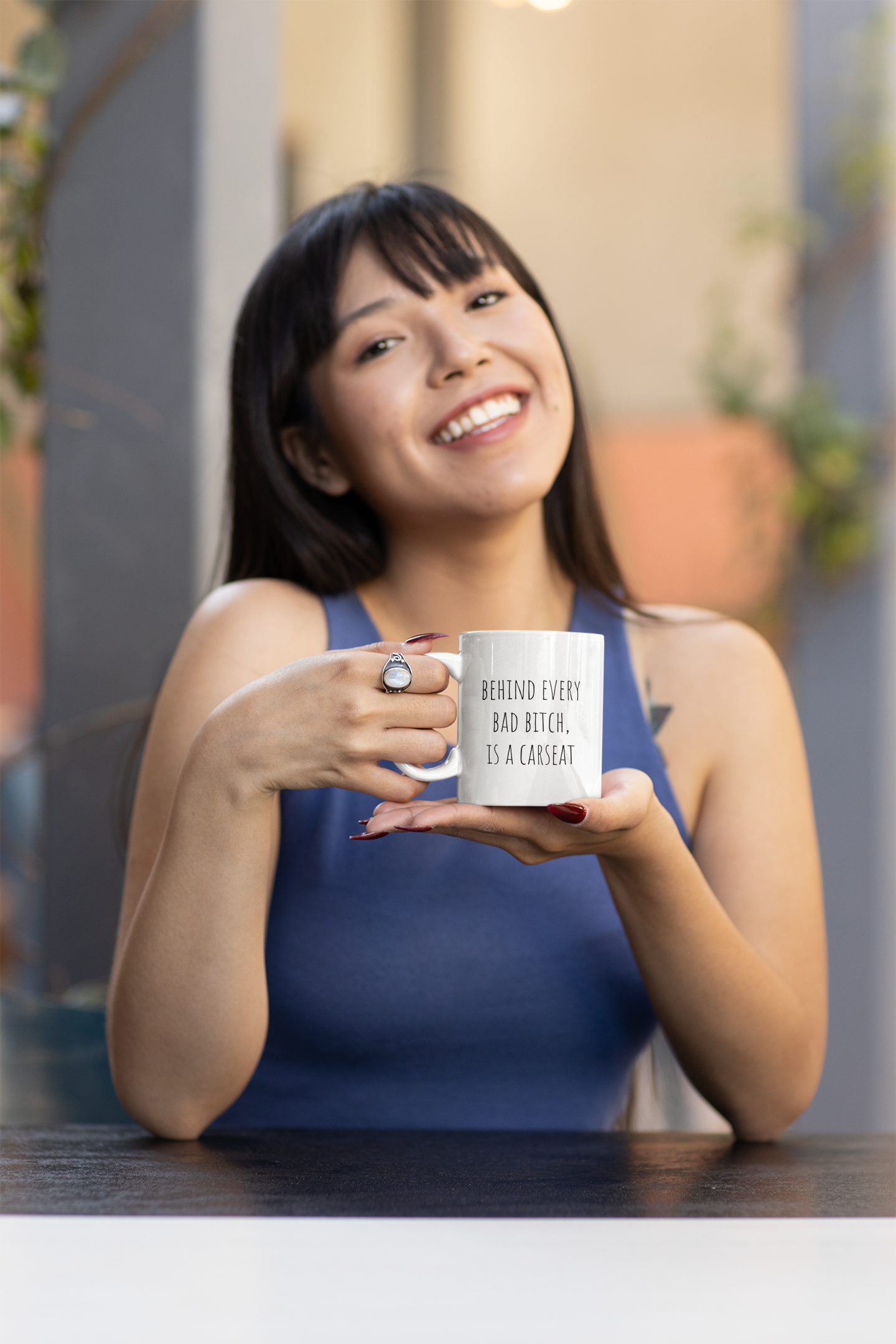 Behind Every Bad Bitch, is a Carseat - Funny Sarcastic Black and White Gift Mug